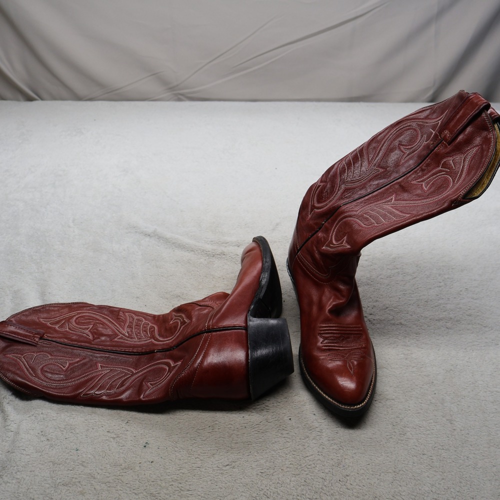 Hondo Boots Womens 7.5A Western Boots Red Leather Stitched Rugged Cowboy Riding